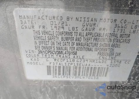 2021 Nissan Kicks Sv Xtronic Cvt z USA, uszkodzony, nr VIN 3N1CP5CV3ML470158